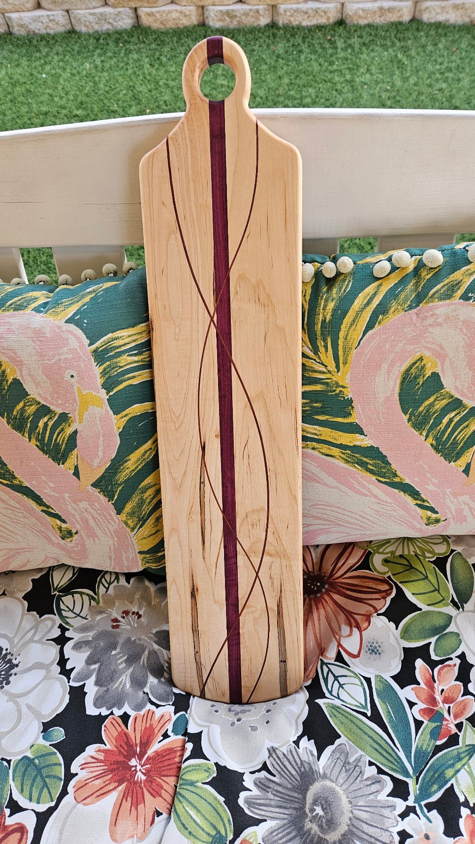Charcuterie board: Curly Maple, Purple Heart, and African Padauk